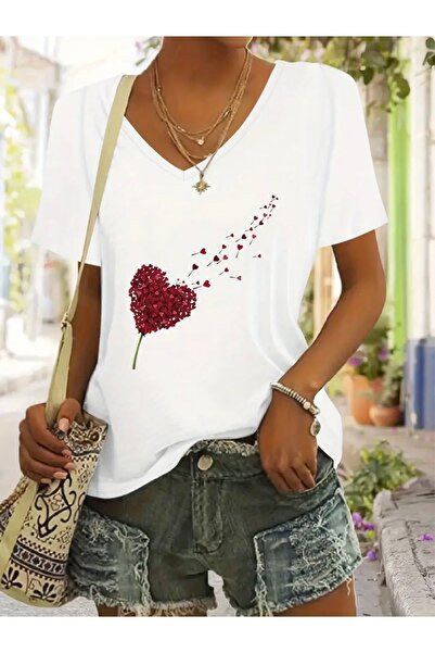 FUFLUNS Heart Printed Women's Oversize V-Neck T-Shirt