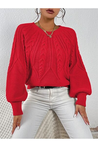 AQE FASHION Pulover roșu tricot cu mâneci italiene și gât roșu