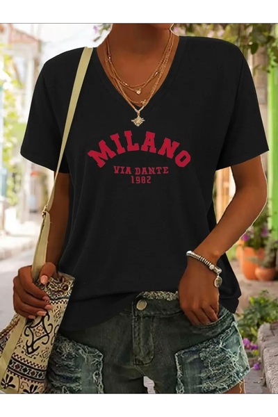 FUFLUNS Milano Printed Women's Oversize V-Neck T-Shirt