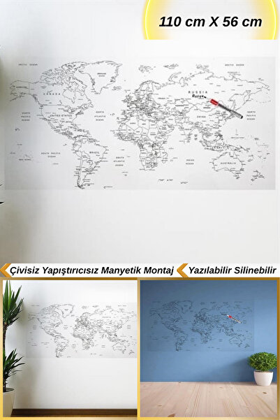 Hane Dostu 110 Cm Yazılabilir Silinebilir Manyetik Dünya Haritası Duvar Stickerı