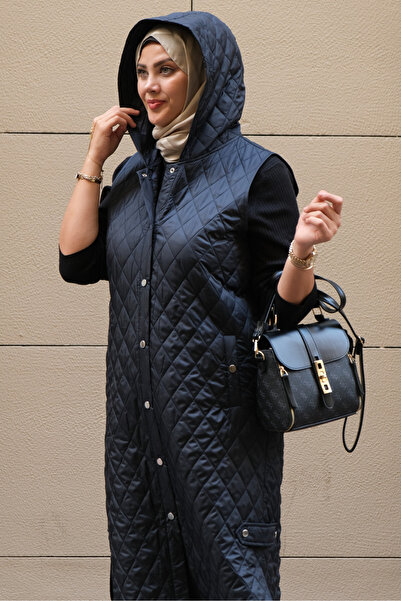 Tuğralı Tesettür Women's Navy Blue Hooded Long Quilted Vest – Ultra High Quality Microfiber Filled, Toast Lining