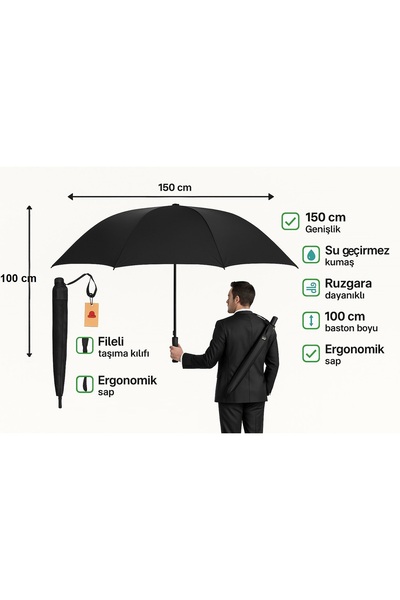 Toptancı Amca Premium 150 cm Geniş Çaplı Protokol Şemsiyesi – Su Geçirmez, Rü...
