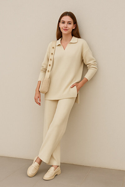 trivvy Women's Knitwear Set Polo Neck Sweater and Trousers