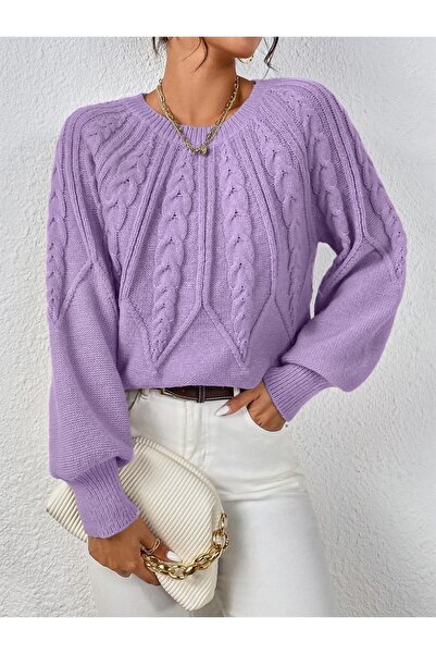 citystyle Pulover din tricotaje liliac - păr împletit, decolteu, mânecă italiană