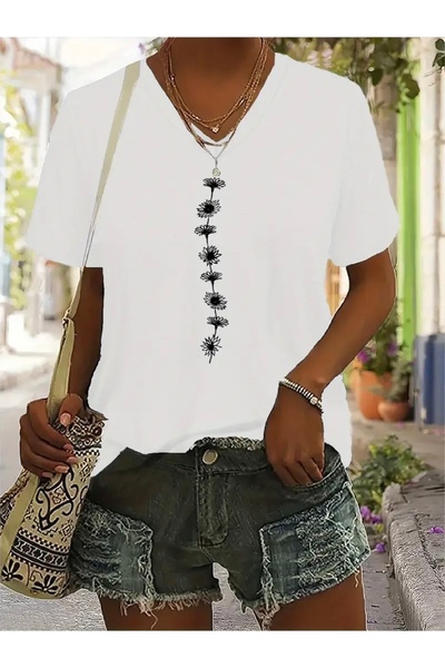 FUFLUNS Flower Printed Women's Oversize V-Neck T-Shirt