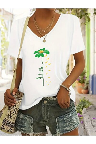 FUFLUNS Daisy Printed V-Neck Oversize T-Shirt