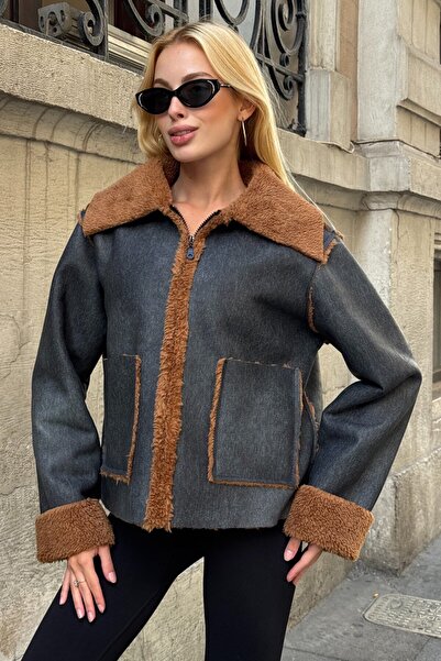 VAGGON Women's Black-Brown Double Pocket Faux Fur Inside Faux Leather Biker Jacket Prm0408