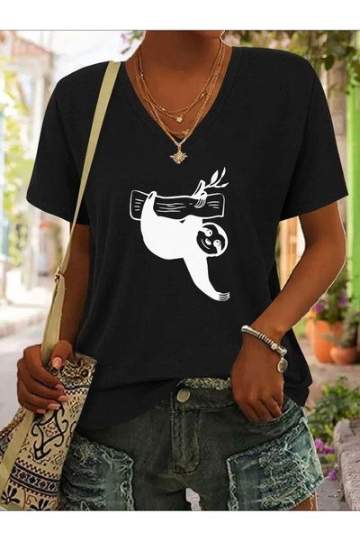 FUFLUNS Monkey Printed V-Neck Women's Oversize T-Shirt