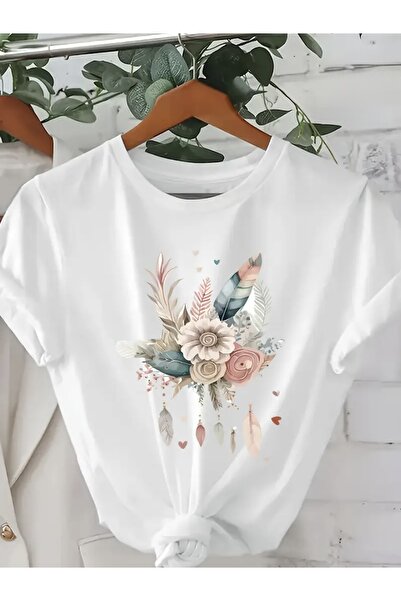 FUFLUNS تي شيرت برقبة دائرية كبيرة الحجم مطبوع عليه زهور