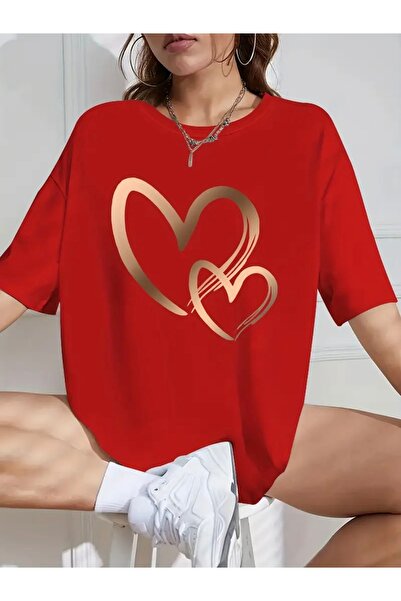 FUFLUNS تي شيرت بياقة دائرية للجنسين مطبوع عليه قلب كبير الحجم للنساء/الرجال