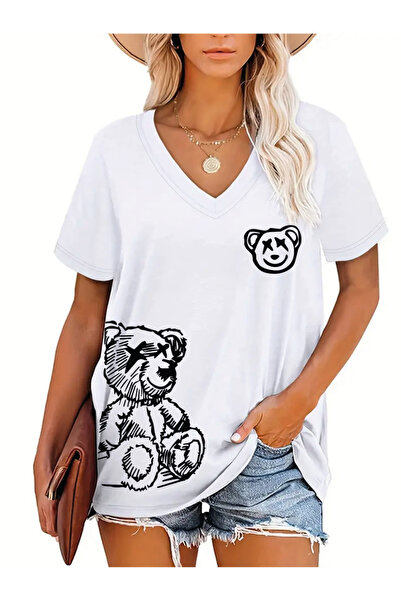 FUFLUNS V-Neck Oversize Teddy Bear Printed T-Shirt