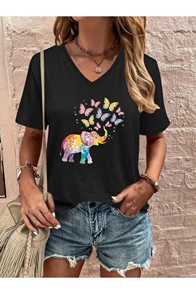 FUFLUNS TRICOU DE DAMĂ CU GULER ÎN V OVERSIZE CU IMPRIMEU COLORĂ DE ELEFANT