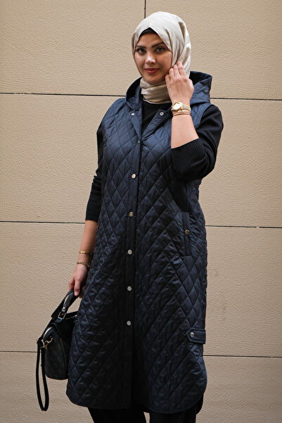 Tuğralı Tesettür Women's Navy Blue Hooded Long Quilted Vest – Ultra High Quality Microfiber Filled, Toast Lining