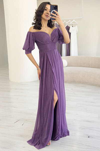 thezkscom Kadın Kısa Kol Drapeli Abiye Elbise Büyük Beden Renkler: Lila, Saks, Siyah, Zümrüt Yeşili