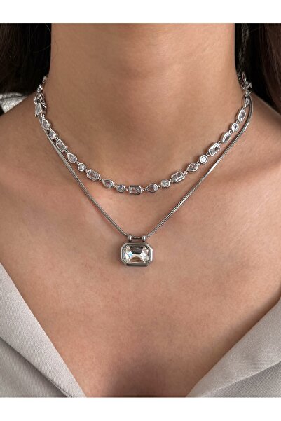 h&b design jewel Çelik Silver Baget Taşlı Tasarım Kolye