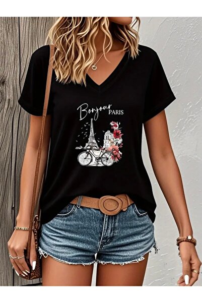 FUFLUNS TRICOU DE DAMĂ BONJOUR PARIS CU IMPRIMEU OVERSIZE CU GULER ÎN V