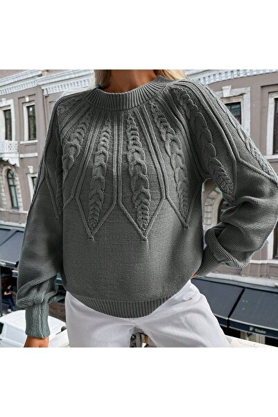 TRQOM Πλεκτό πουλόβερ από ανθρακί με λαιμόκοψη - ιταλικό μανίκι