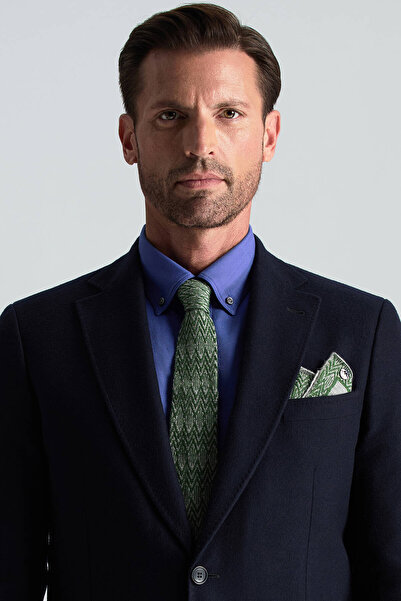 Hemington Çizgi Desenli İpek Karışım Gri-Yeşil Örgü Kravat