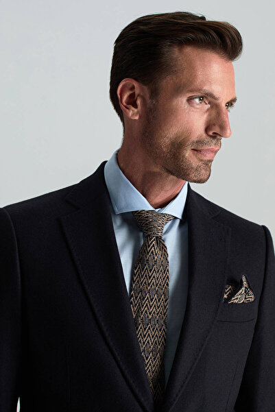 Hemington Çizgi Desenli İpek Karışım Lacivert-Bej Örgü Kravat