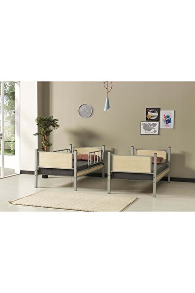 ARGİMO Yurt Genç Çocuk Odası Metal Ahşap Ranza Ve Karyola 90x200 Gri