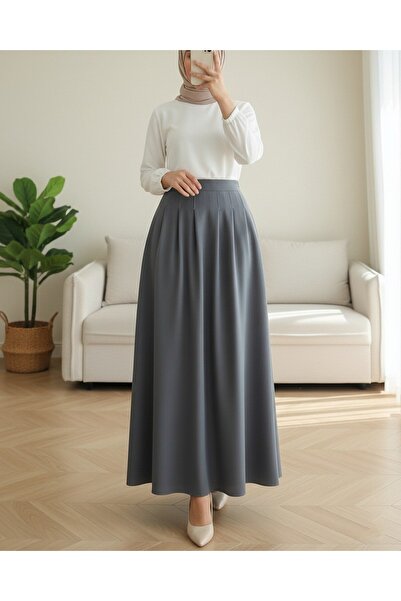 Modamorfo Pleated Crepe Skirt with Zipper Pocket - Gray