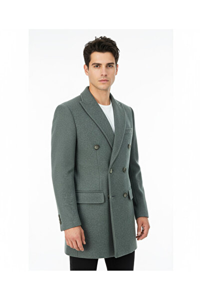 SÜVARİ Süvari Dar Kesim Yeşil Kruvaze Yumuşak Dokulu Erkek Kaban