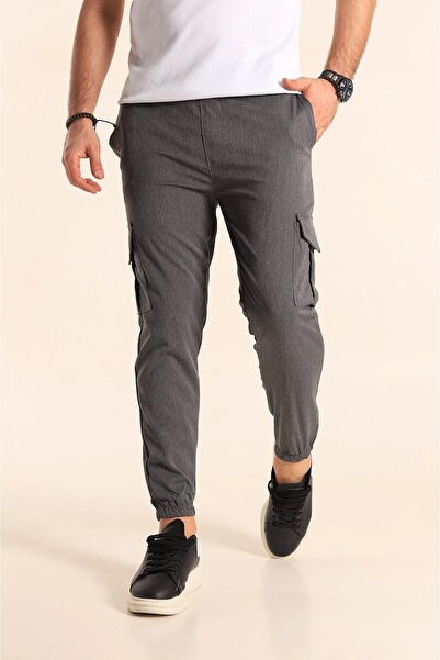 SERAZAT Erkek Pamuk Likralı Kargo Cepli Pantolon Antrasit Yandan Cepli Pantolon