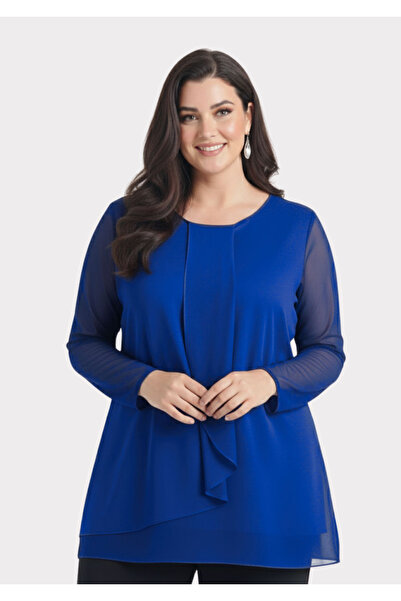 LİLAS XXL Büyük Beden Saks Renkli Şifon Bluz