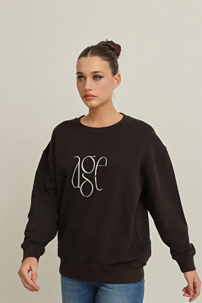 Amia&Co. Битър Кофи Принт Детайлна велосипедна яка Оверсайз суитшърт