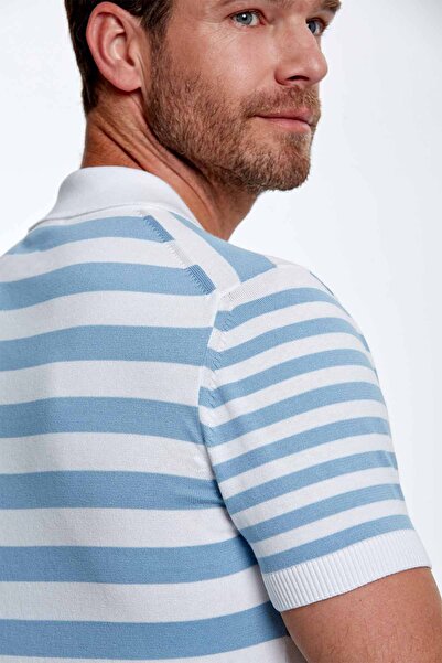 Hemington Fermuar Detaylı Mavi Çizgili Saf Pamuk Triko Polo