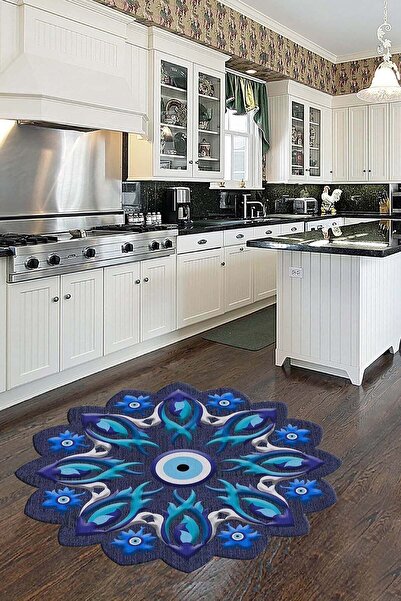 Homefesto Mavi Dekoratif İnce Modern Leke Tutmaz Yıkanabilir Kaydırmaz Mutfak Halısı