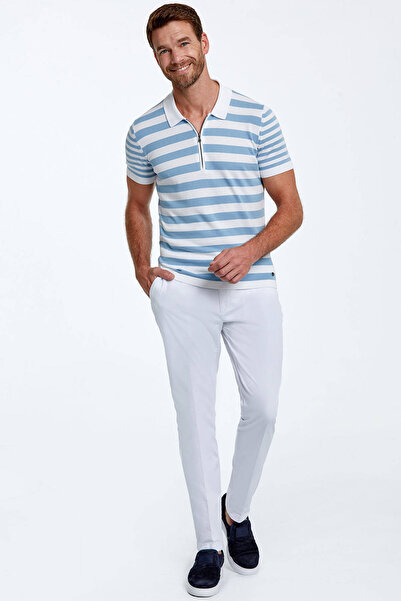 Hemington Fermuar Detaylı Mavi Çizgili Saf Pamuk Triko Polo