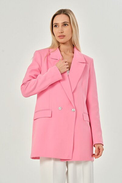 Bolivente Pembe Oversize Dokuma Blazer Ceket