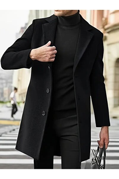 Mero Life Μαύρο παλτό με βελονιά Slim Fit - Μονό σκίσιμο και κουμπιά