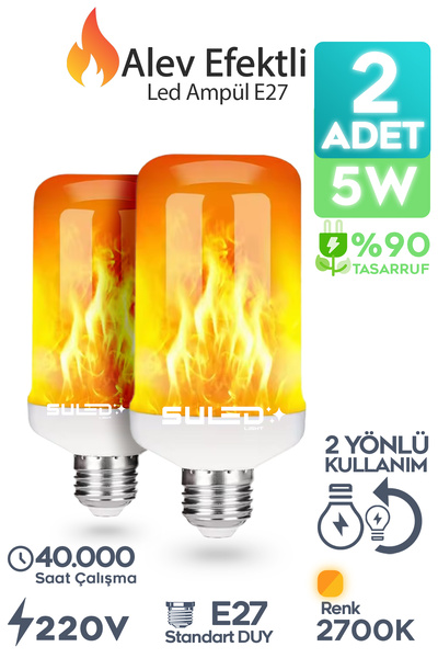 SULED Alev Efektli Ampul 2'li Set Ateş Yanan Lamba E27 Duy Led Işık Şömine Ateş Kamp Lamba