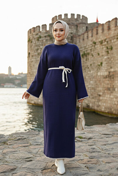 Neva Style Lacivert Tesettür Трикотажна сукня з поясом - 34201L