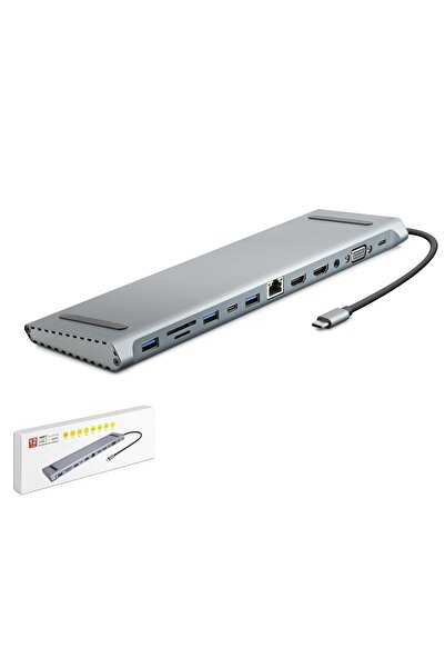 HADRON HDX7855 Type-C 3.0 Combo Hub PD HDMI 4K VGA LAN AUX Kart Okuyucu 12 Po...