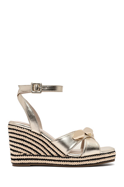 Derimod Women's Gold Ankle Buckle Wedge Heeled Metallic Espadrille Sandals 25Sfe482432