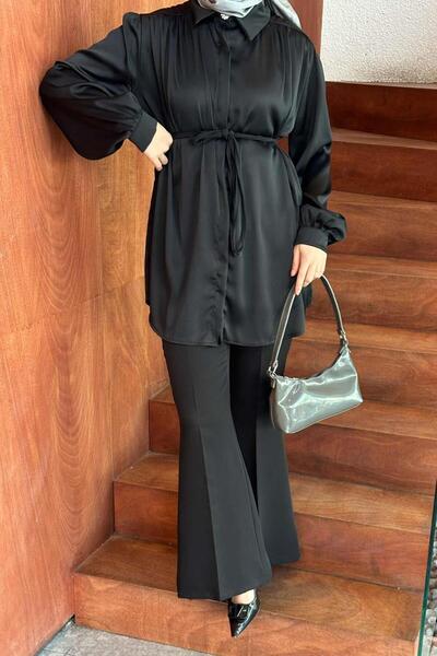 lamelif Μαύρο πουκάμισο με ζαρώματα - με κρυφό κουμπάκι