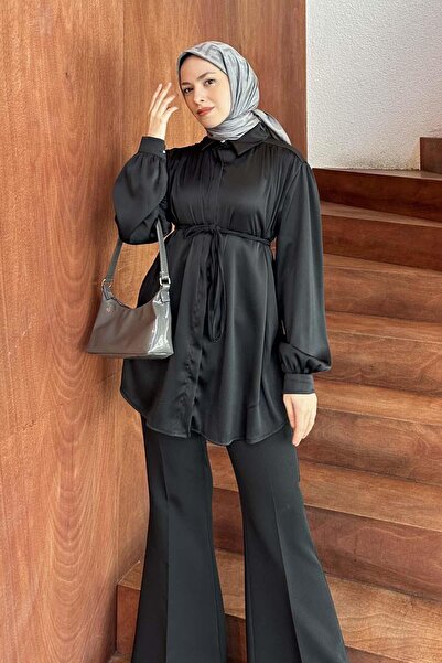 lamelif Μαύρο πουκάμισο με ζαρώματα - με κρυφό κουμπάκι