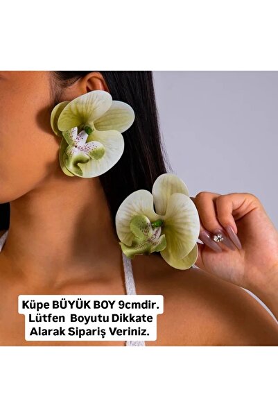 QERMA Korean Kore Tarzı Orkide Küpe Zr Küpe Büyük Haki Çiçek Küpe Çiçekli Küpe