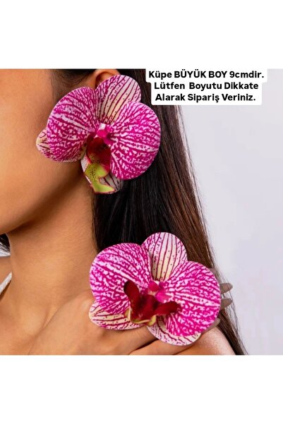 QERMA Korean Kore Tarzı Orkide Küpe Zr Küpe Büyük Pembe Desenli Çiçek Küpe Çiçekli Küpe