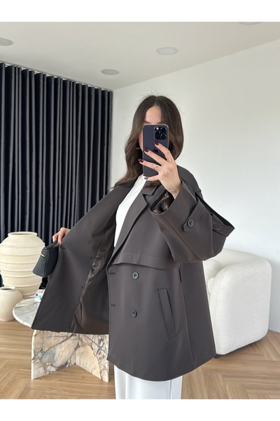 Lovely butik Women's Short Trench Coat with Cape Detail and Four Buttons with Belt