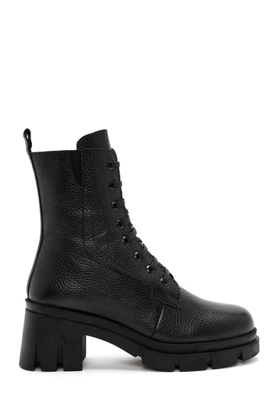 Derimod Μαύρες δερμάτινες γυναικείες μπότες με χοντρό τακούνι με φερμουάρ - 2...