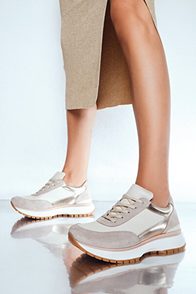 Derimod Women's Beige Lace-Up Leather Sneaker 24Wfd370414