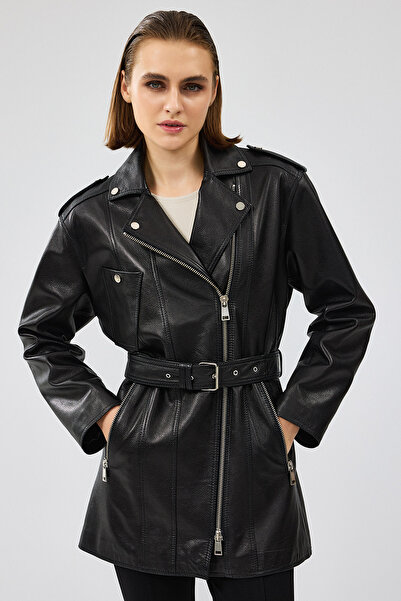 Derimod Black Double Breasted Collar Venus Leather Women's Jacket - 24Wgd5216Ft