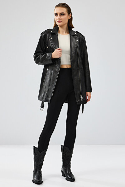 Derimod Black Double Breasted Collar Venus Leather Women's Jacket - 24Wgd5216Ft