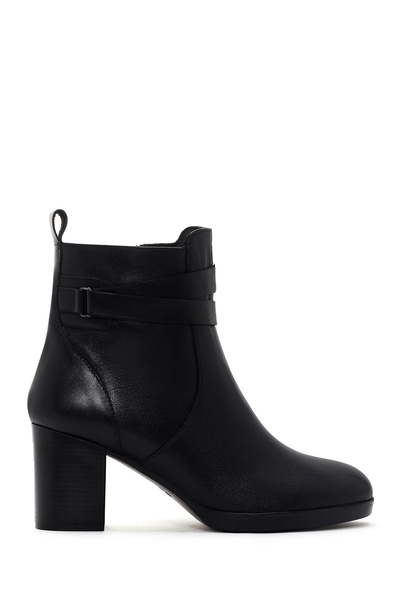 Derimod Black Leather Zippered Thick Heel Boots - 24Wfd 413118