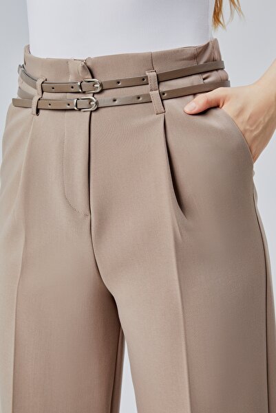 HANIMCA GİYİM Çift Kemer Modelli KIışlık Yüksek Bel Yandan Cepli Likralı Pantalon