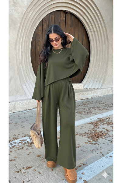 Lovely butik Women's Poncho Style Sleeve Detail Pants Suit with Pants, Double Trend Set